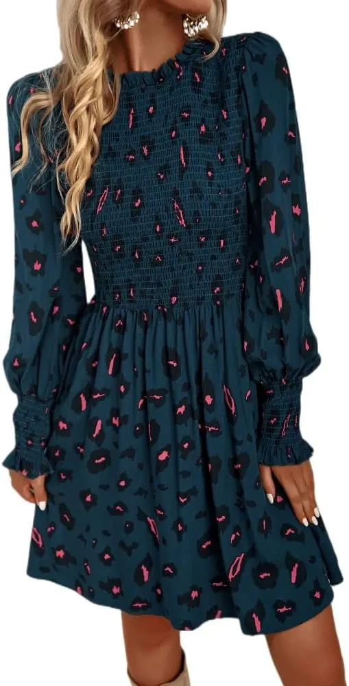 Women's Casual Ruffle Mock Neck Mini Dress, Long Sleeve Floral Printed Smocked Top Hem Flowy Short Dresses