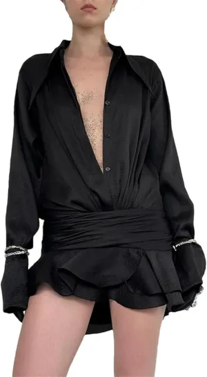 Womens Casual Solid Mini Dress Long Sleeve High Waist Modern Classic Ruffle Elegant Dress