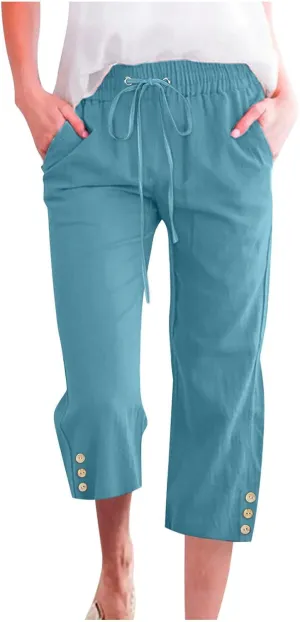 Womens Casual Summer Linen Pants Solid Color Elastic Waist Loose Pants Straight Wide Leg Trousers with Pockets