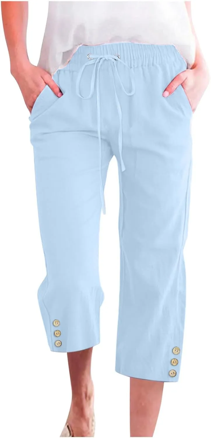 Womens Casual Summer Linen Pants Solid Color Elastic Waist Loose Pants Straight Wide Leg Trousers with Pockets