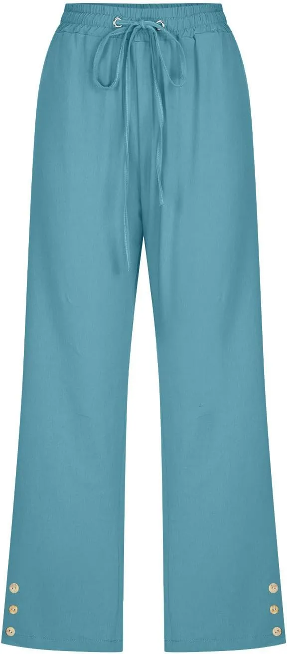 Womens Casual Summer Linen Pants Solid Color Elastic Waist Loose Pants Straight Wide Leg Trousers with Pockets