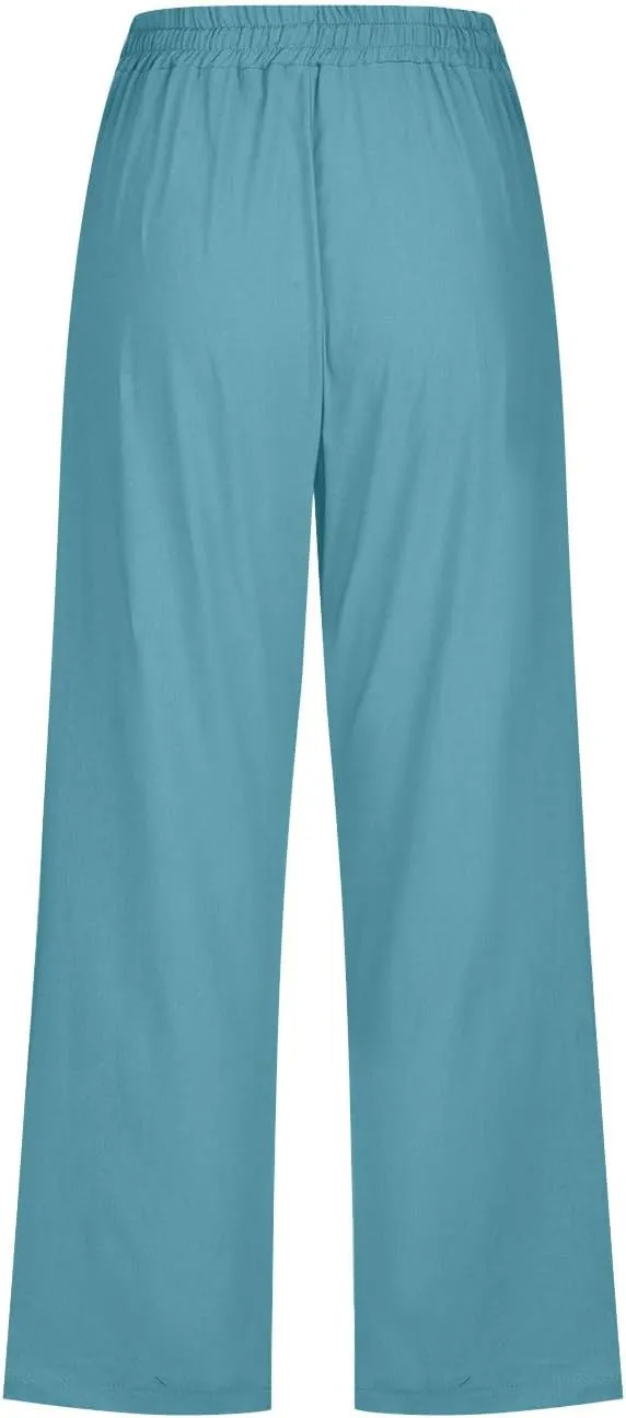 Womens Casual Summer Linen Pants Solid Color Elastic Waist Loose Pants Straight Wide Leg Trousers with Pockets