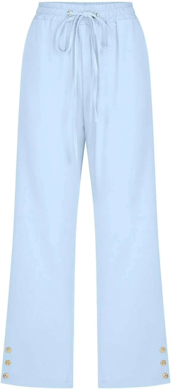 Womens Casual Summer Linen Pants Solid Color Elastic Waist Loose Pants Straight Wide Leg Trousers with Pockets
