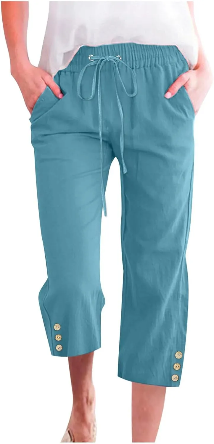 Womens Casual Summer Linen Pants Solid Color Elastic Waist Loose Pants Straight Wide Leg Trousers with Pockets