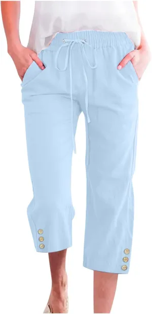Womens Casual Summer Linen Pants Solid Color Elastic Waist Loose Pants Straight Wide Leg Trousers with Pockets