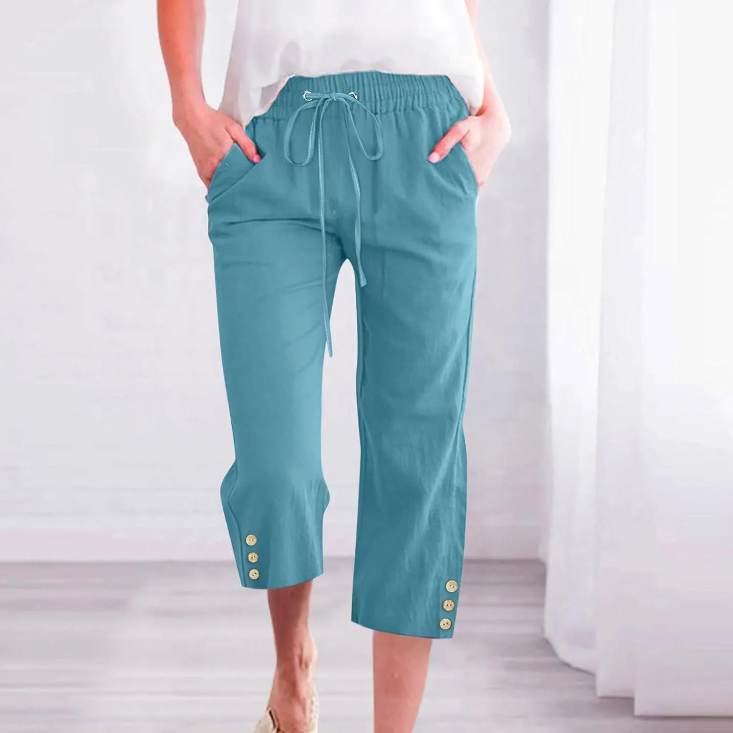 Womens Casual Summer Linen Pants Solid Color Elastic Waist Loose Pants Straight Wide Leg Trousers with Pockets