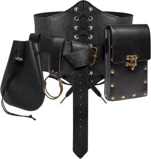 Womens Corset Belt Pouch Waist Bag Fanny Pack Phone Holder Coin Purse Skirt Hikes Loop Hook Medieval Renaissance Costume Sets (Black, M-Waist/31.5"-38")