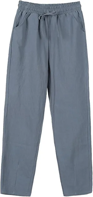 Women's Cotton Linen Pants High Waisted Drawstring Straight Leg Pants Summer Casual Long Trousers with Pockets