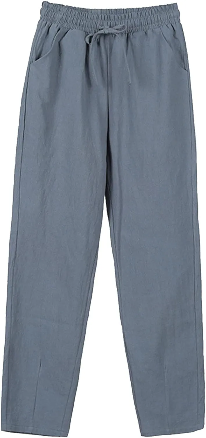 Women's Cotton Linen Pants High Waisted Drawstring Straight Leg Pants Summer Casual Long Trousers with Pockets