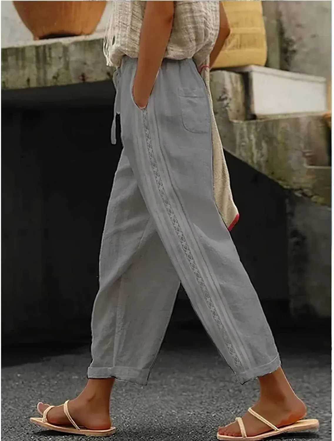 Womens Cotton Linen Pants Summer Casual Wide Leg Elastic Palazzo Pants High Waisted Loose Beach Trousers with Pockets