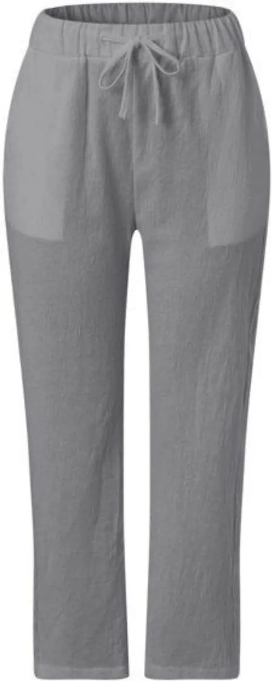 Womens Cotton Linen Pants Summer Casual Wide Leg Elastic Palazzo Pants High Waisted Loose Beach Trousers with Pockets