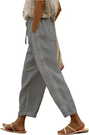 Womens Cotton Linen Pants Summer Casual Wide Leg Elastic Palazzo Pants High Waisted Loose Beach Trousers with Pockets
