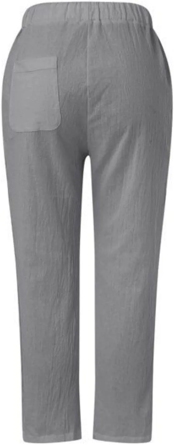 Womens Cotton Linen Pants Summer Casual Wide Leg Elastic Palazzo Pants High Waisted Loose Beach Trousers with Pockets