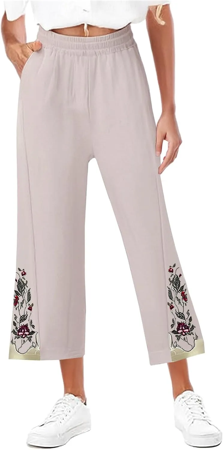 Womens Cotton Linen Pants Summer Casual Wide Leg Palazzo Pants Floral Embroidery High Waist Work Slack Beach Trouser