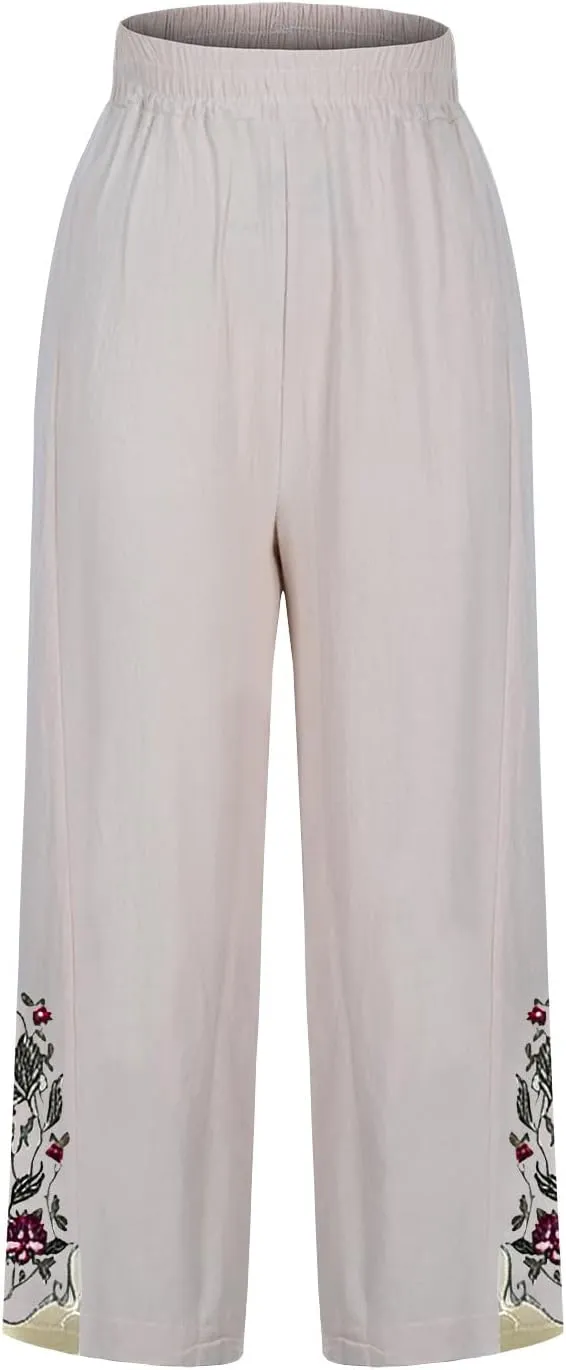 Womens Cotton Linen Pants Summer Casual Wide Leg Palazzo Pants Floral Embroidery High Waist Work Slack Beach Trouser