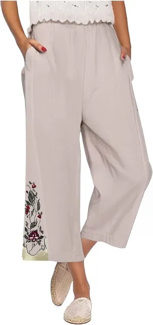 Womens Cotton Linen Pants Summer Casual Wide Leg Palazzo Pants Floral Embroidery High Waist Work Slack Beach Trouser