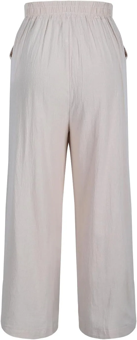 Womens Cotton Linen Pants Summer Casual Wide Leg Palazzo Pants Floral Embroidery High Waist Work Slack Beach Trouser