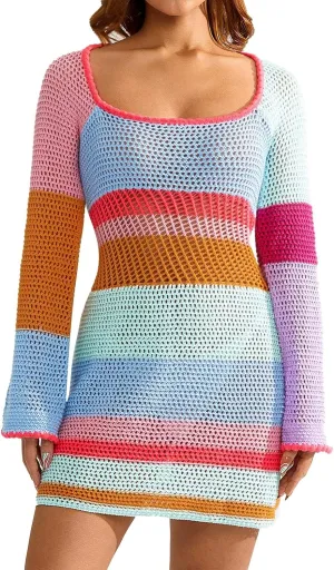 Womens Crochet Knit Mini Dress Hollow Out Backless Bodycon Short Dresses Summer Tie Up Beach Wear Sundress