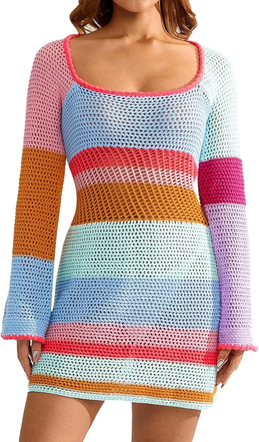 Womens Crochet Knit Mini Dress Hollow Out Backless Bodycon Short Dresses Summer Tie Up Beach Wear Sundress