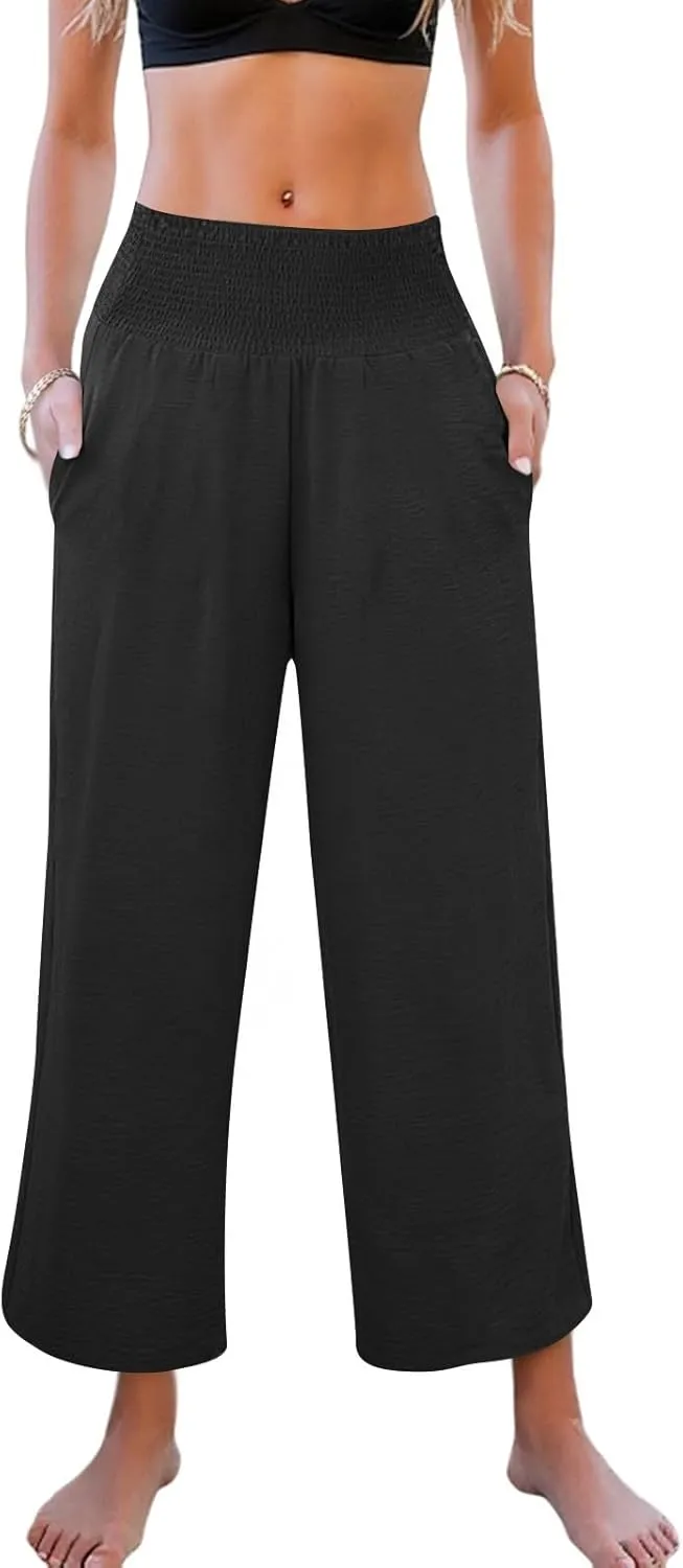 Womens Cropped Linen Pants Smocked Elastic Waisted Wide Leg Pants Summer Loose Beach Palazzo Lounge Pant with Pockets