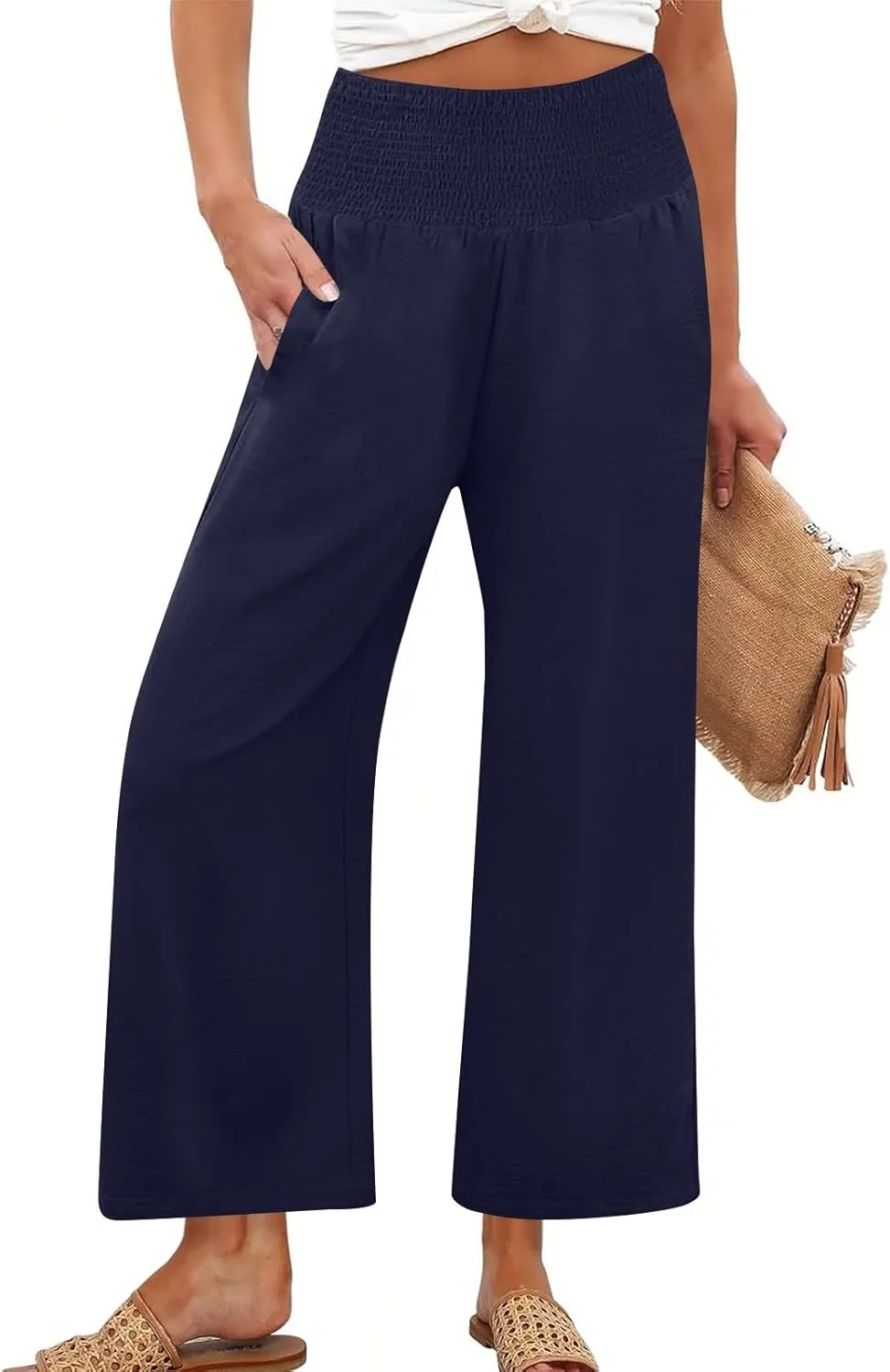 Womens Cropped Linen Pants Smocked Elastic Waisted Wide Leg Pants Summer Loose Beach Palazzo Lounge Pant with Pockets