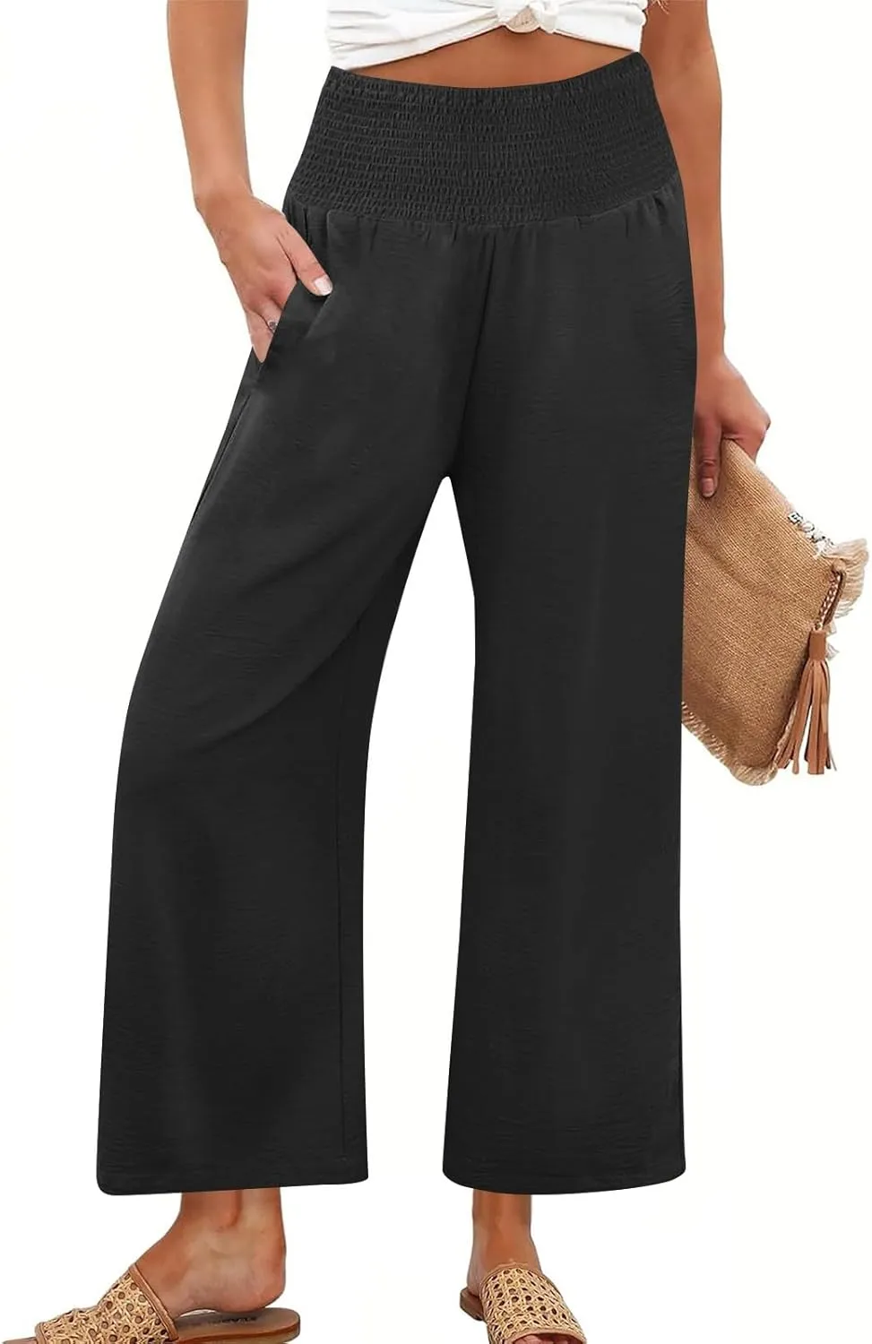 Womens Cropped Linen Pants Smocked Elastic Waisted Wide Leg Pants Summer Loose Beach Palazzo Lounge Pant with Pockets
