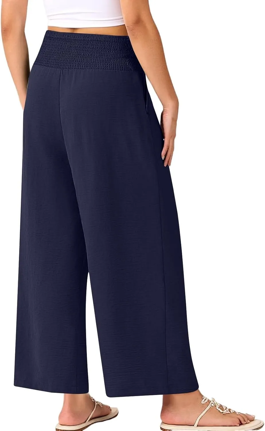Womens Cropped Linen Pants Smocked Elastic Waisted Wide Leg Pants Summer Loose Beach Palazzo Lounge Pant with Pockets