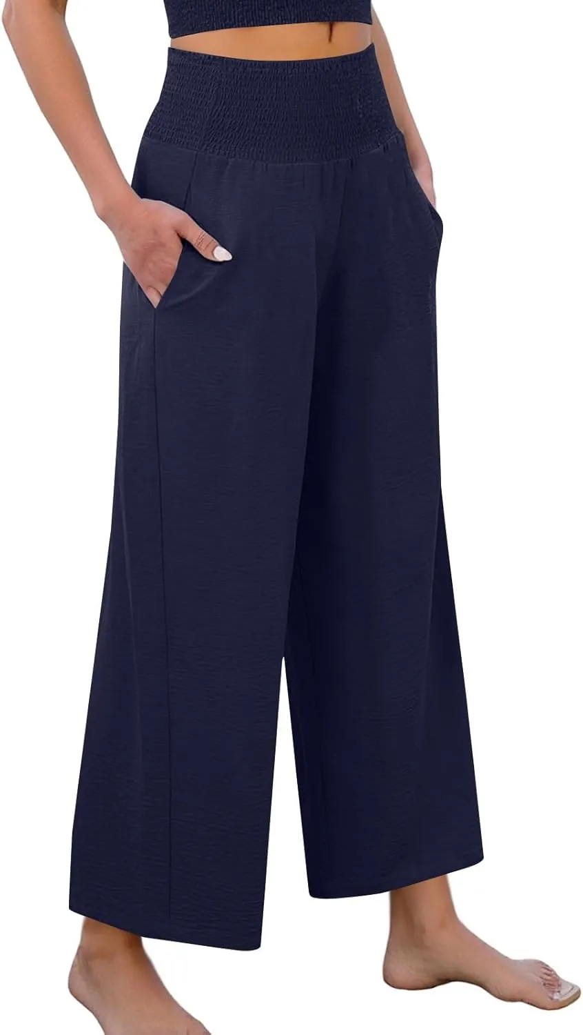 Womens Cropped Linen Pants Smocked Elastic Waisted Wide Leg Pants Summer Loose Beach Palazzo Lounge Pant with Pockets