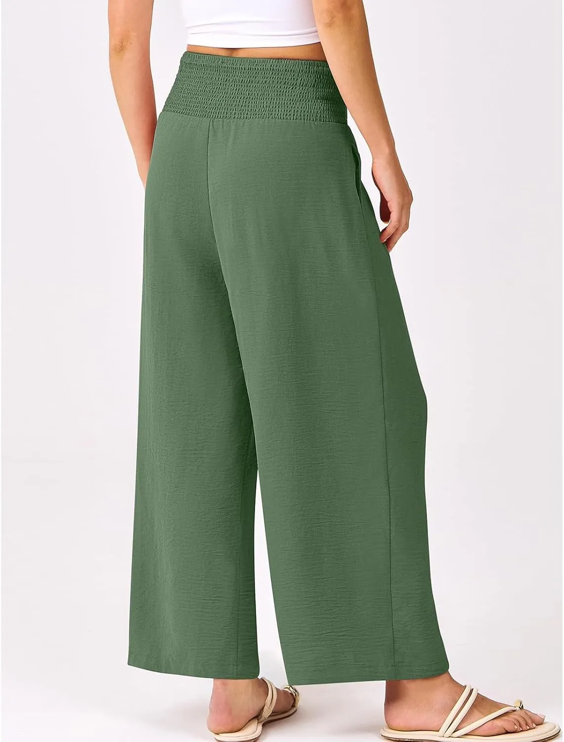 Womens Cropped Linen Pants Smocked Elastic Waisted Wide Leg Pants Summer Loose Beach Palazzo Lounge Pant with Pockets