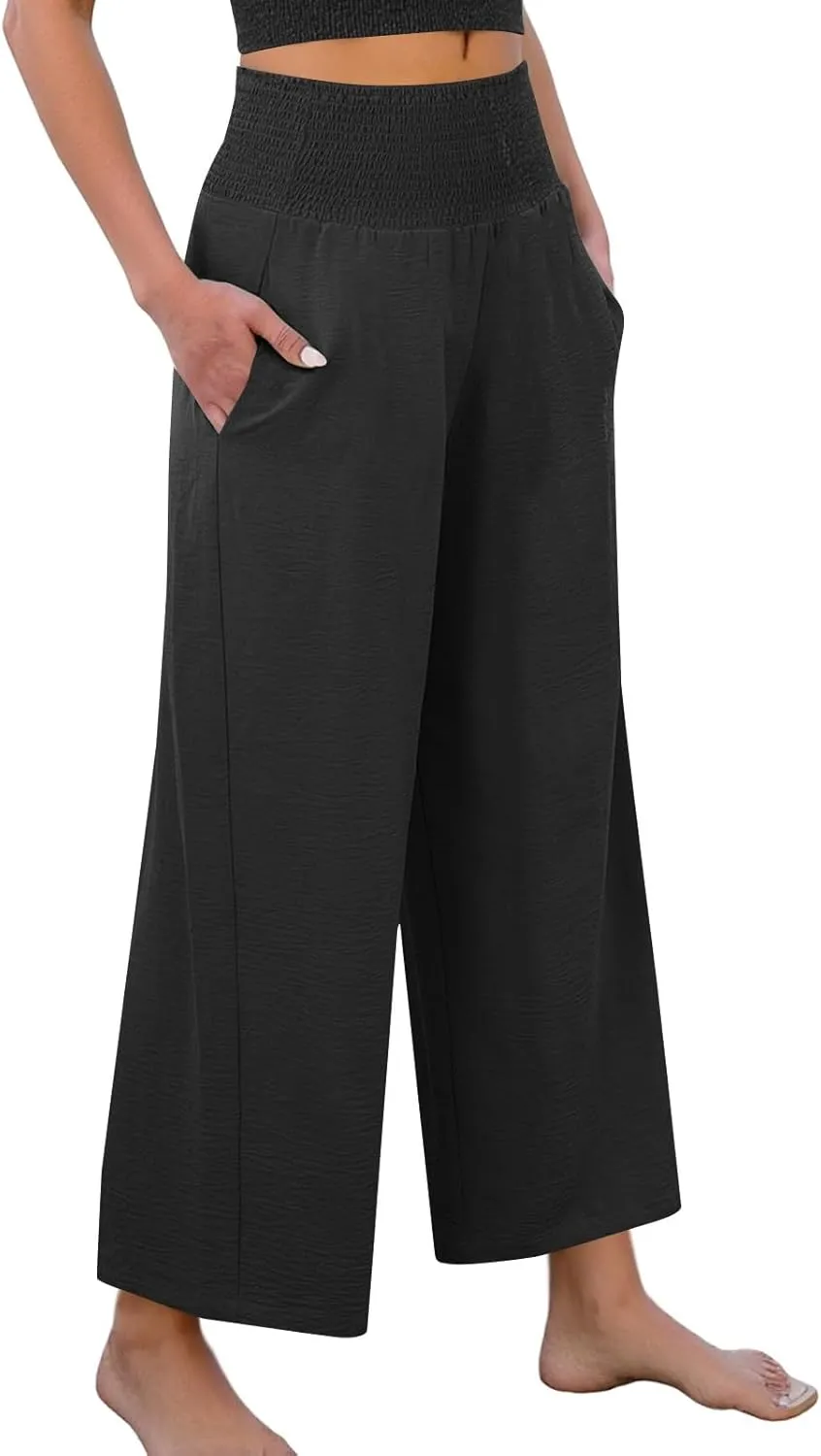 Womens Cropped Linen Pants Smocked Elastic Waisted Wide Leg Pants Summer Loose Beach Palazzo Lounge Pant with Pockets