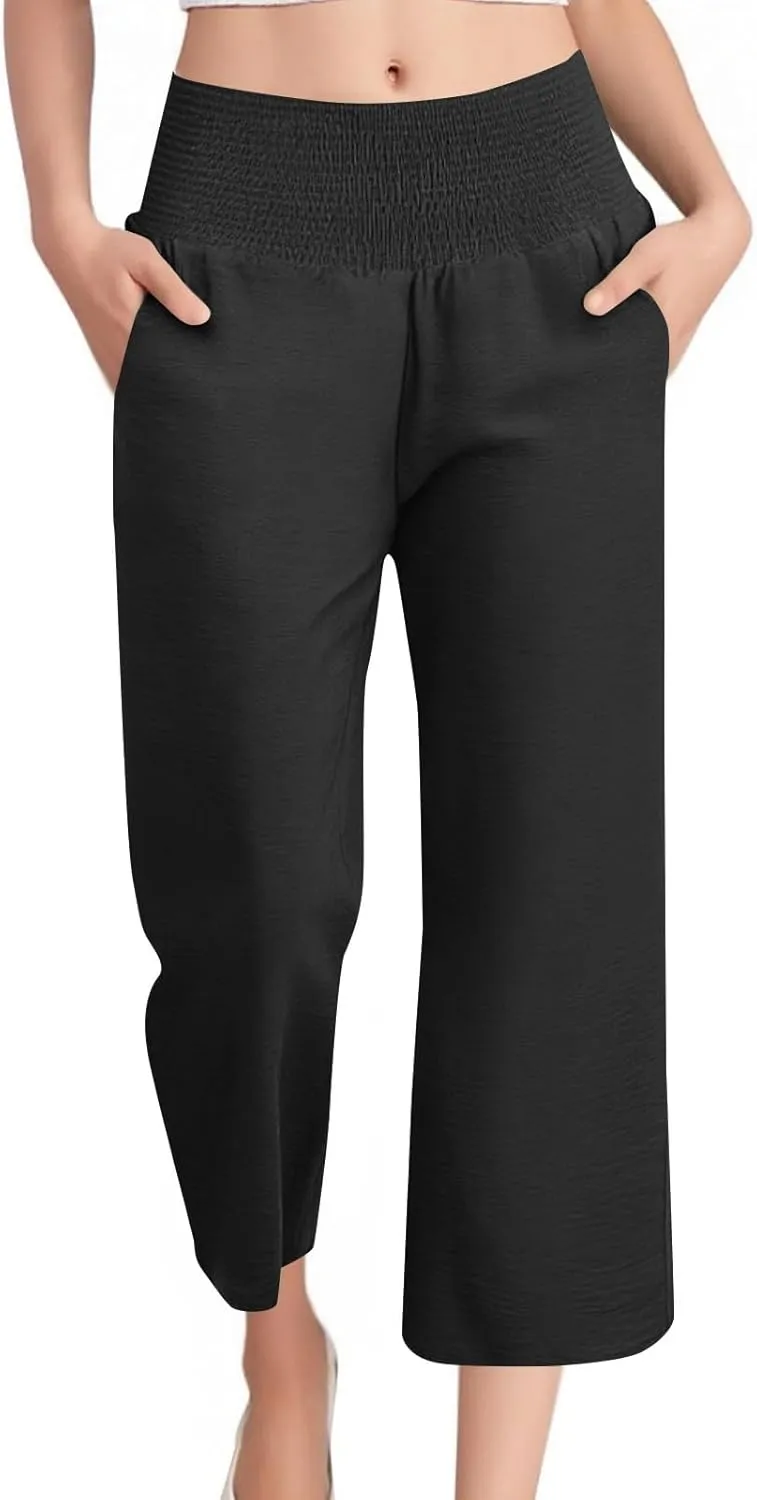 Womens Cropped Linen Pants Smocked Elastic Waisted Wide Leg Pants Summer Loose Beach Palazzo Lounge Pant with Pockets