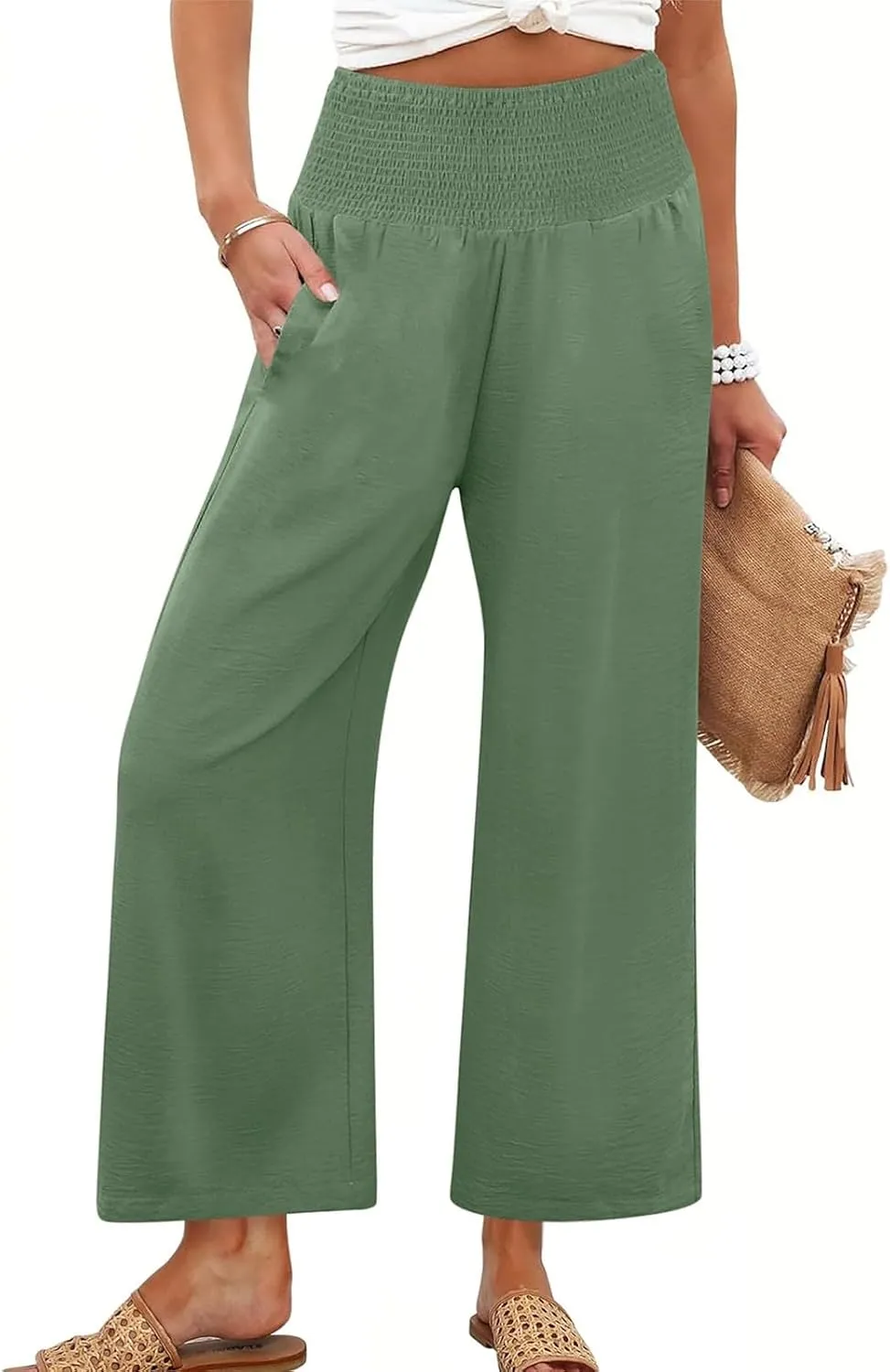 Womens Cropped Linen Pants Smocked Elastic Waisted Wide Leg Pants Summer Loose Beach Palazzo Lounge Pant with Pockets