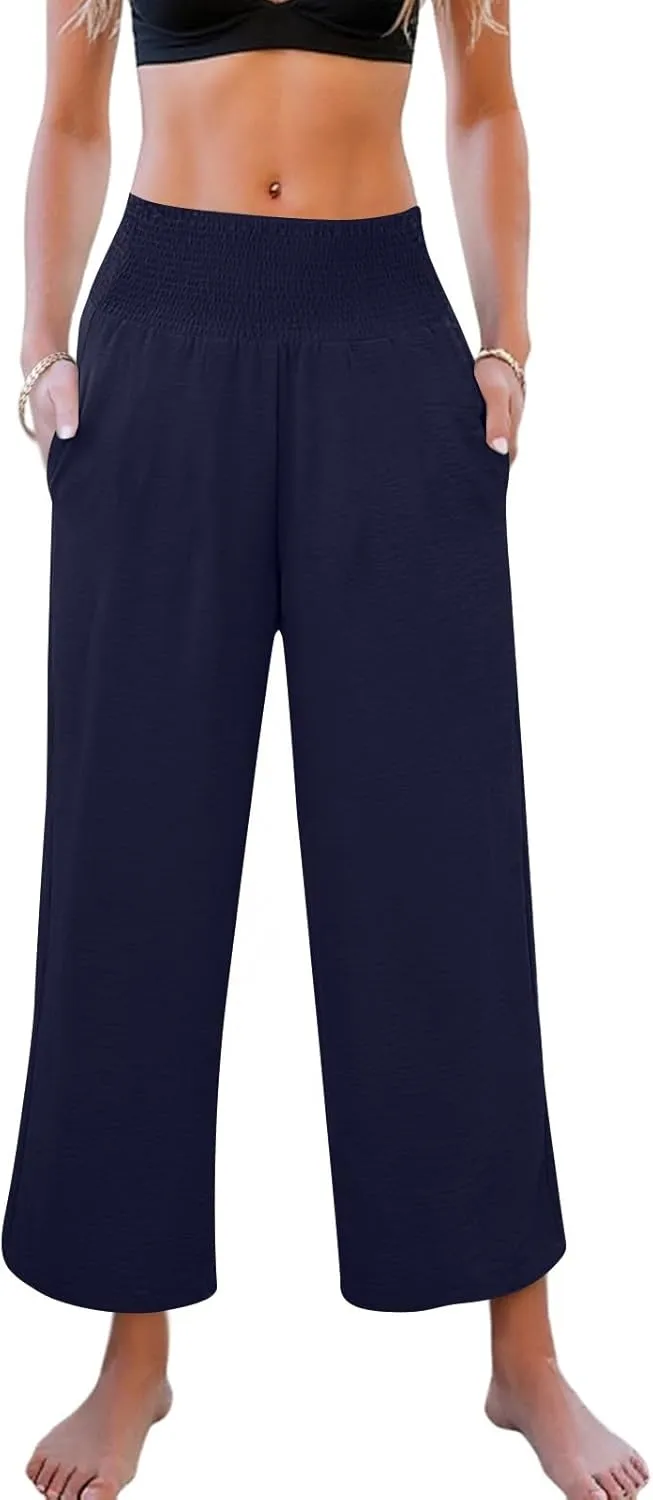 Womens Cropped Linen Pants Smocked Elastic Waisted Wide Leg Pants Summer Loose Beach Palazzo Lounge Pant with Pockets