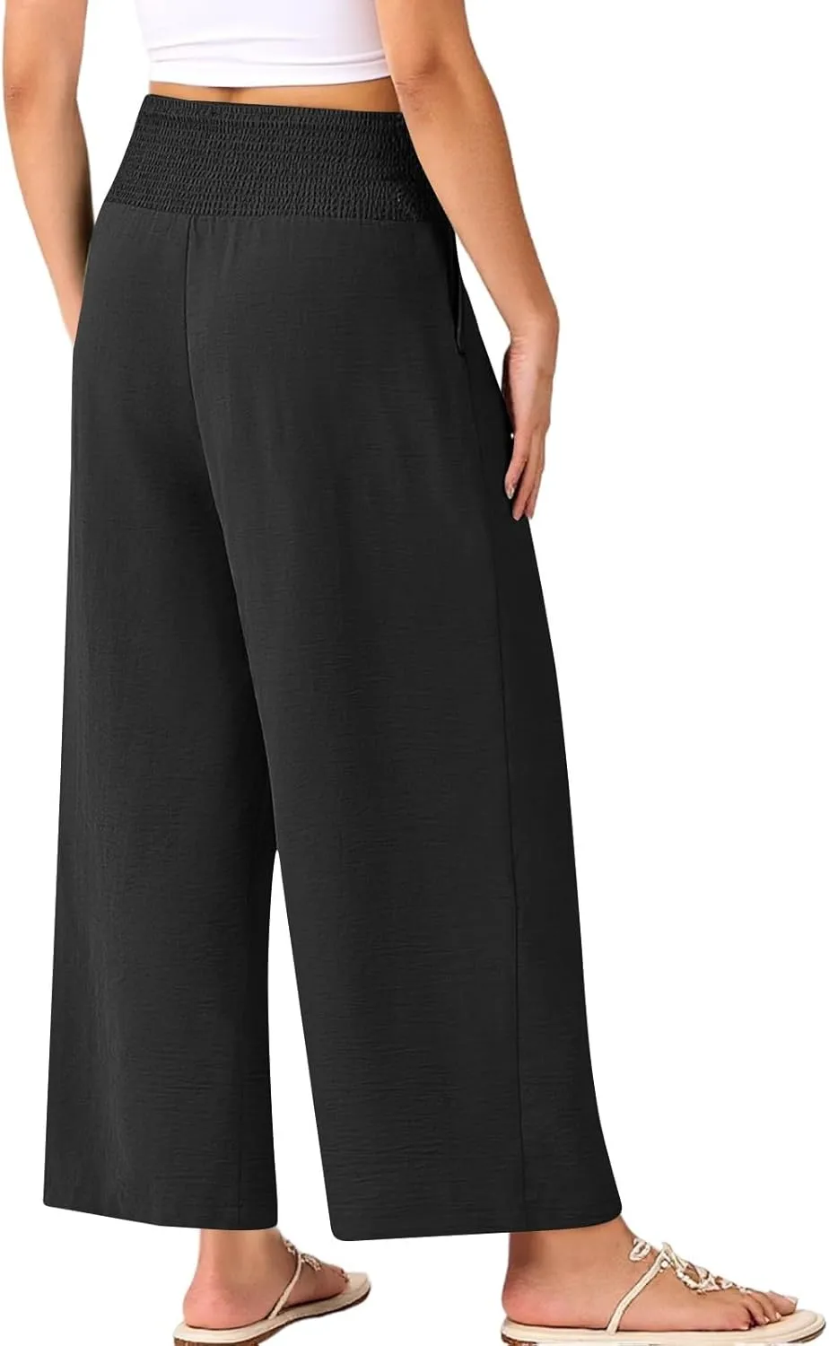 Womens Cropped Linen Pants Smocked Elastic Waisted Wide Leg Pants Summer Loose Beach Palazzo Lounge Pant with Pockets