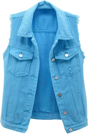 Womens Denim Vest Jacket Sleeveless Washed Ripped Crop Jacket Candy Color