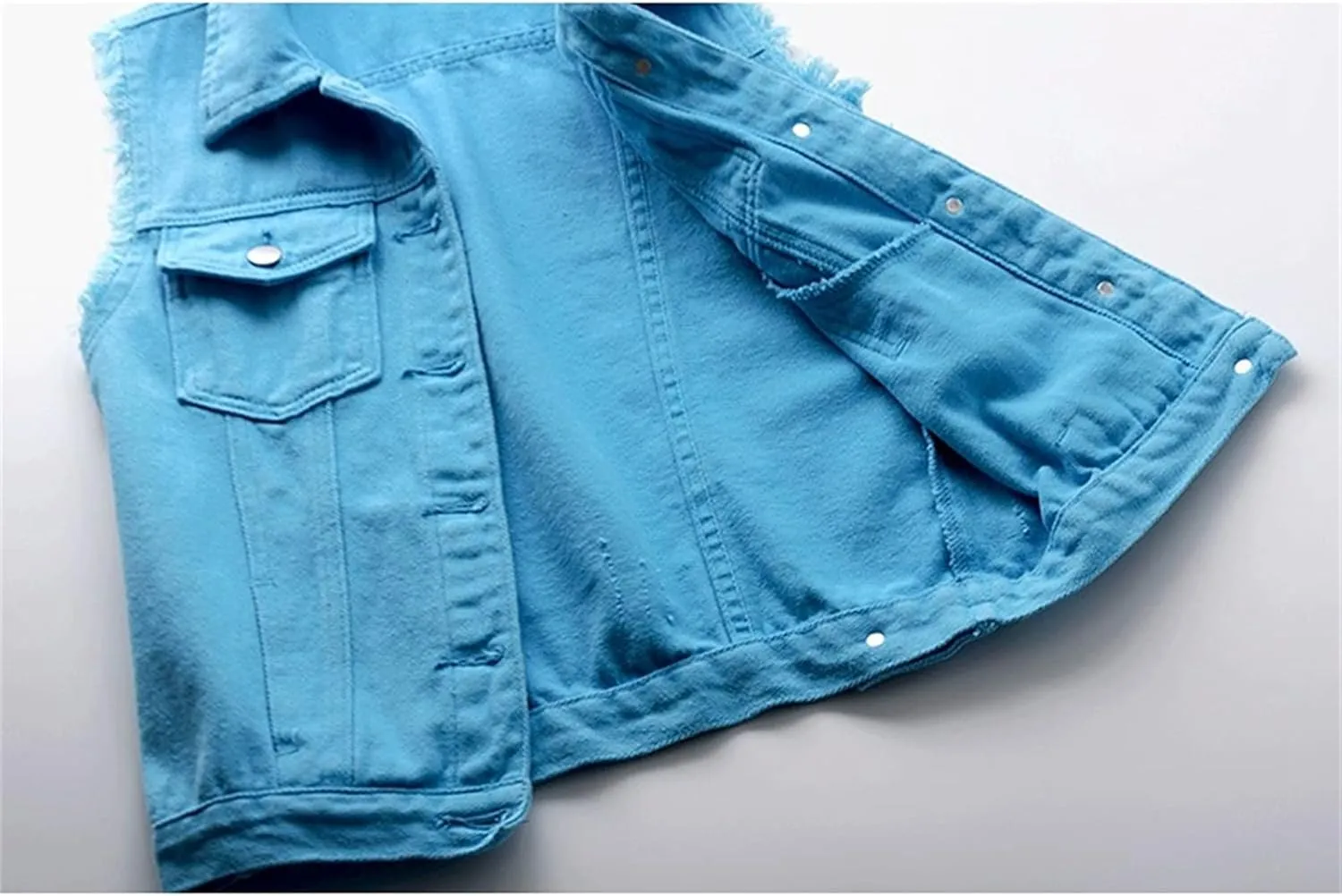 Womens Denim Vest Jacket Sleeveless Washed Ripped Crop Jacket Candy Color
