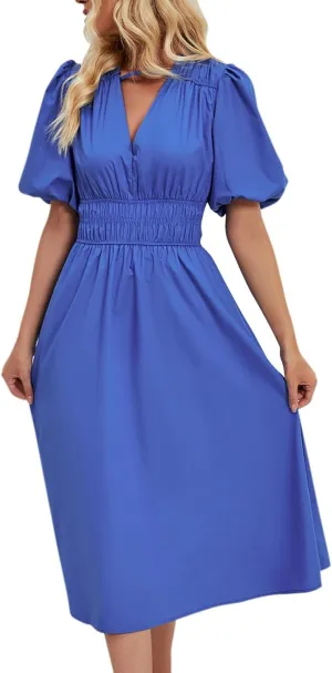 Womens Elegant Smocked Dresses V Neck Ruffle Sleeve Round Neck Solid Loose Short Flowy Pleated Mini Babydoll Dress