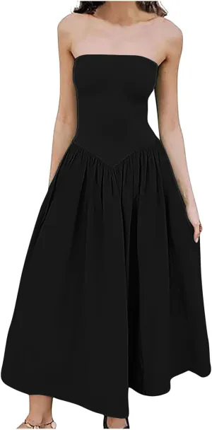 Women's Fashion 2025 Summer Elegant Strapless Tube Dress Sexy Off Shoulder Pleated Flowy Swing Mini Long Dresses