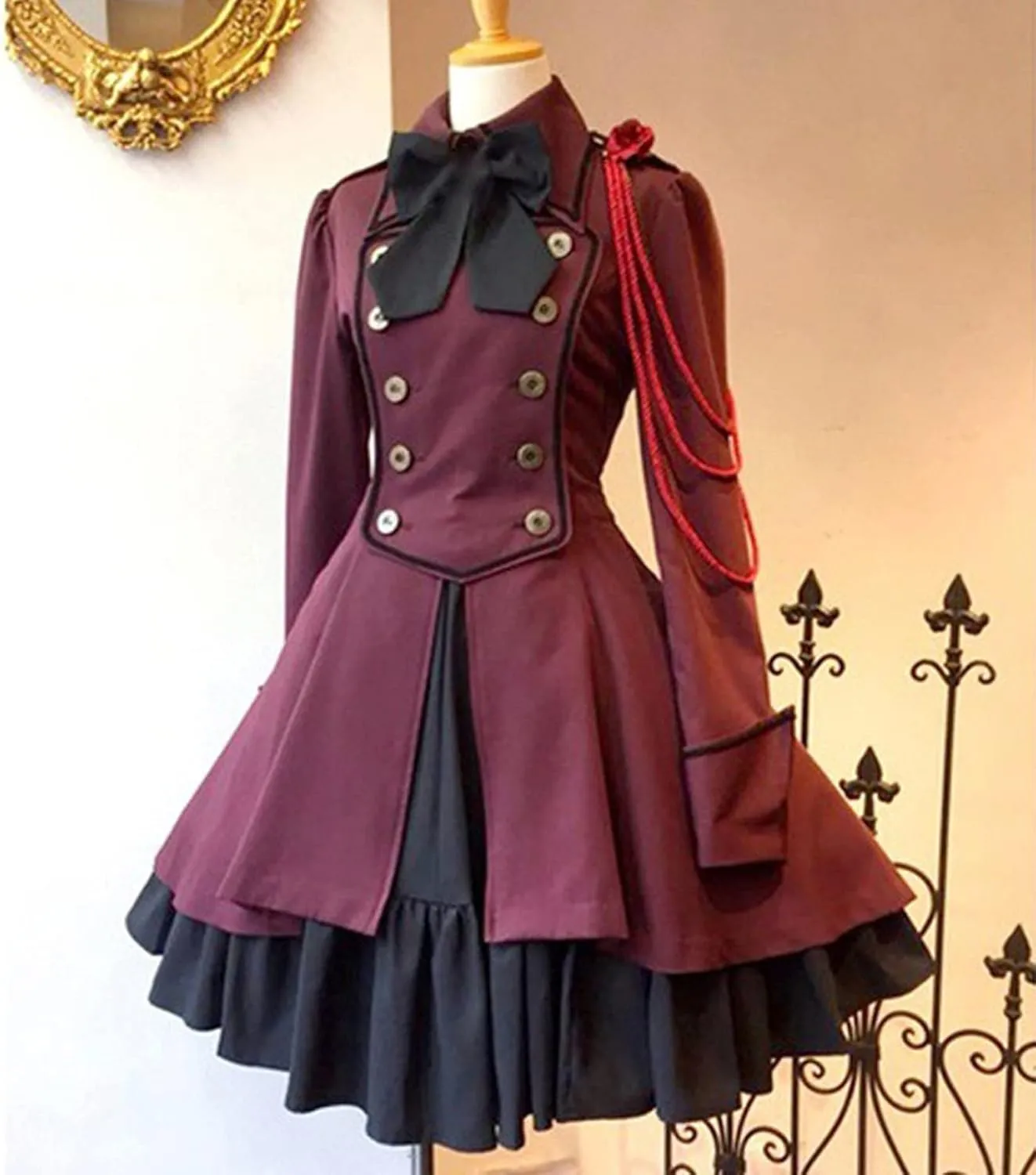 Women's Fashion Lolita Gothic Dresses Punk Vintage Bow Long Sleeve Dresses Ruffle Renaissance Cosplay Mini Dress