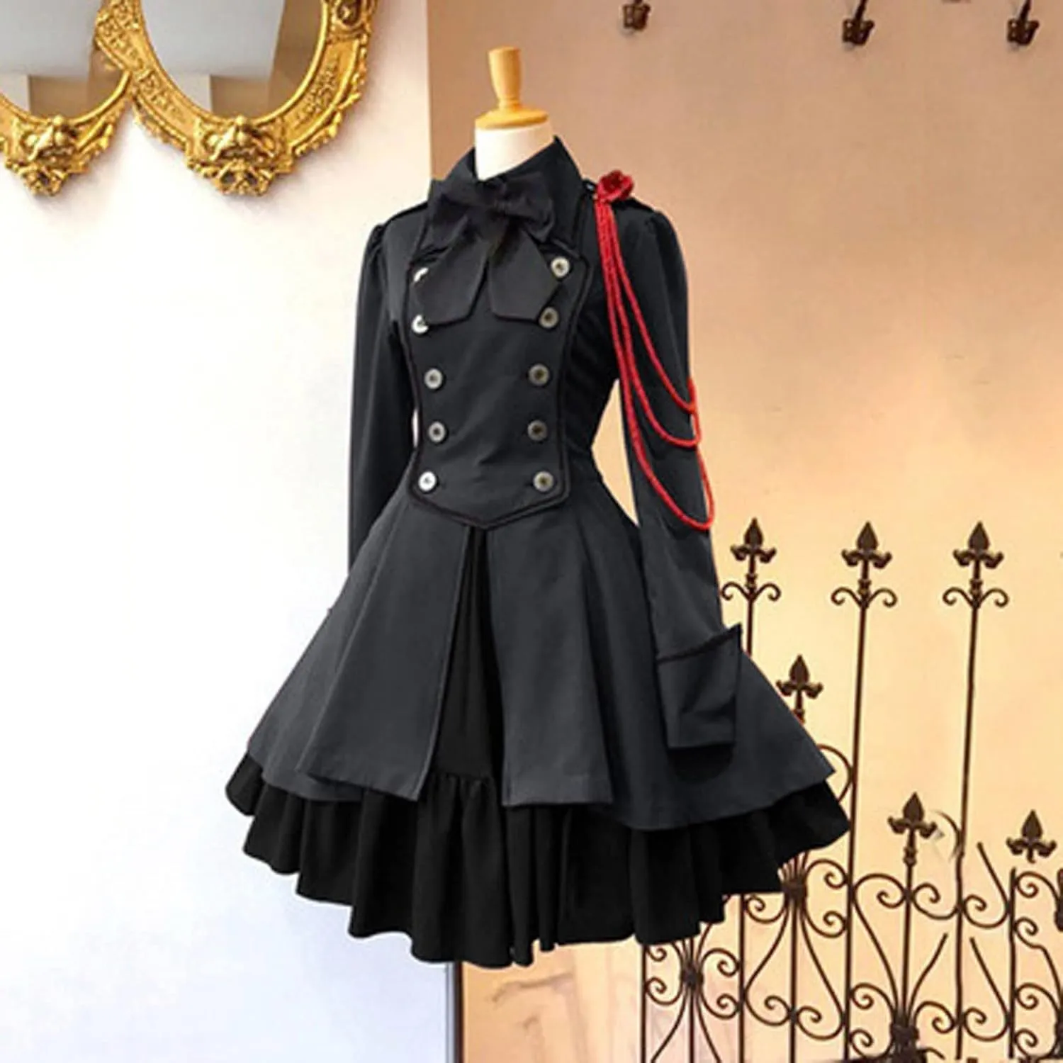 Women's Fashion Lolita Gothic Dresses Punk Vintage Bow Long Sleeve Dresses Ruffle Renaissance Cosplay Mini Dress