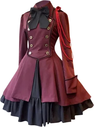 Women's Fashion Lolita Gothic Dresses Punk Vintage Bow Long Sleeve Dresses Ruffle Renaissance Cosplay Mini Dress
