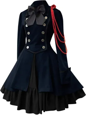 Women's Fashion Lolita Gothic Dresses Punk Vintage Bow Long Sleeve Dresses Ruffle Renaissance Cosplay Mini Dress