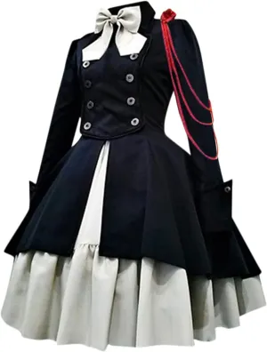 Women's Fashion Lolita Gothic Dresses Punk Vintage Bow Long Sleeve Dresses Ruffle Renaissance Cosplay Mini Dress