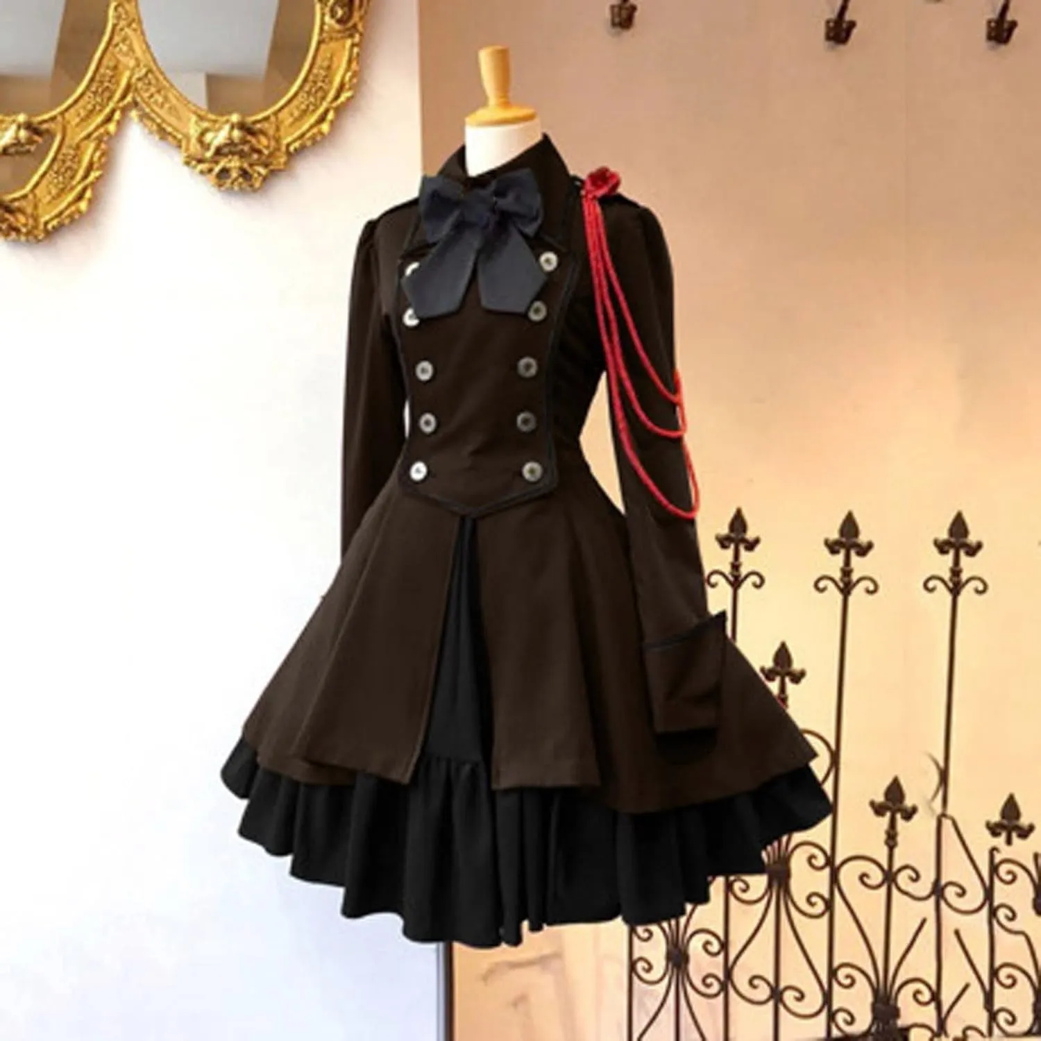 Women's Fashion Lolita Gothic Dresses Punk Vintage Bow Long Sleeve Dresses Ruffle Renaissance Cosplay Mini Dress