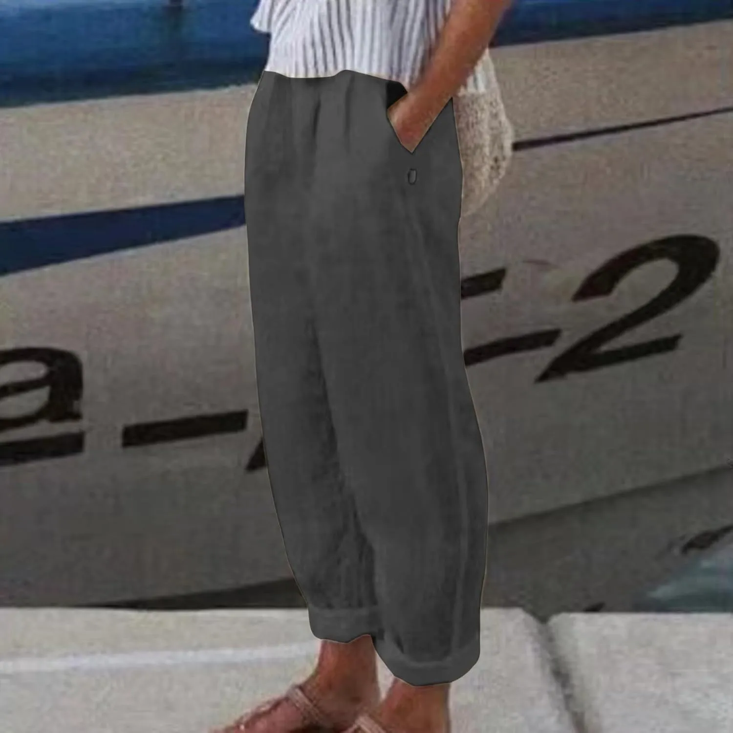 Women's Fashion Loose Linen Pants Elastic Waist Solid Color Cotton Pants Summer Casual Lounge Beach Trousers Pockets