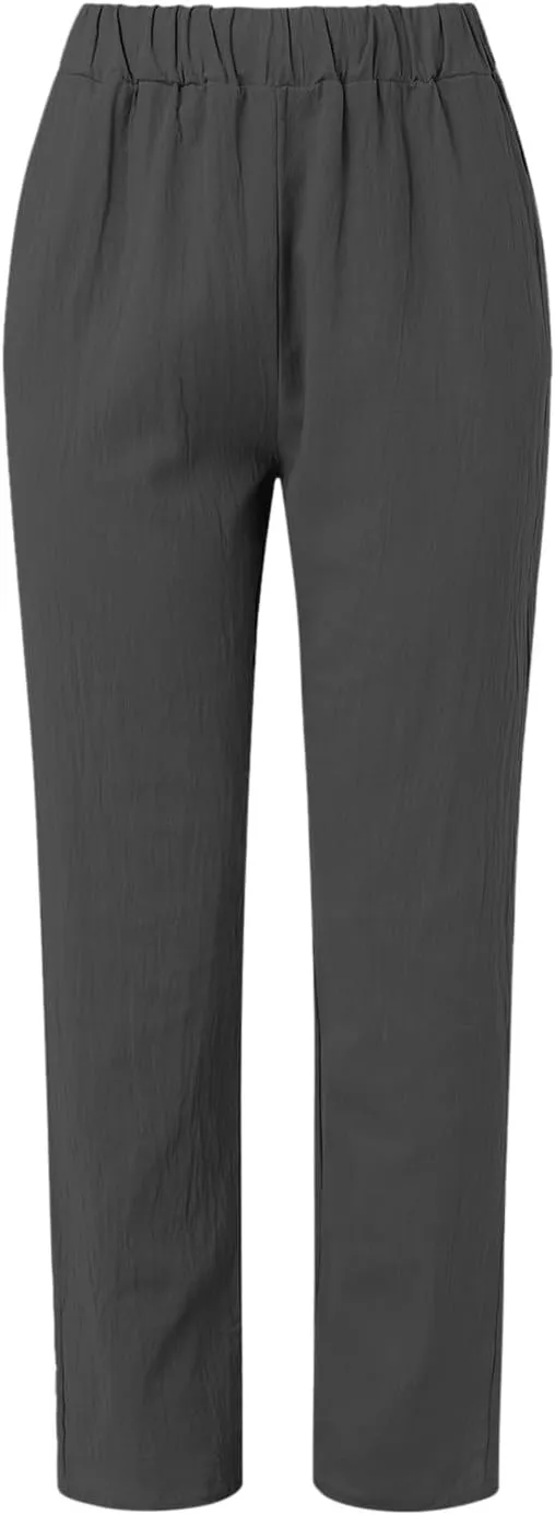 Women's Fashion Loose Linen Pants Elastic Waist Solid Color Cotton Pants Summer Casual Lounge Beach Trousers Pockets