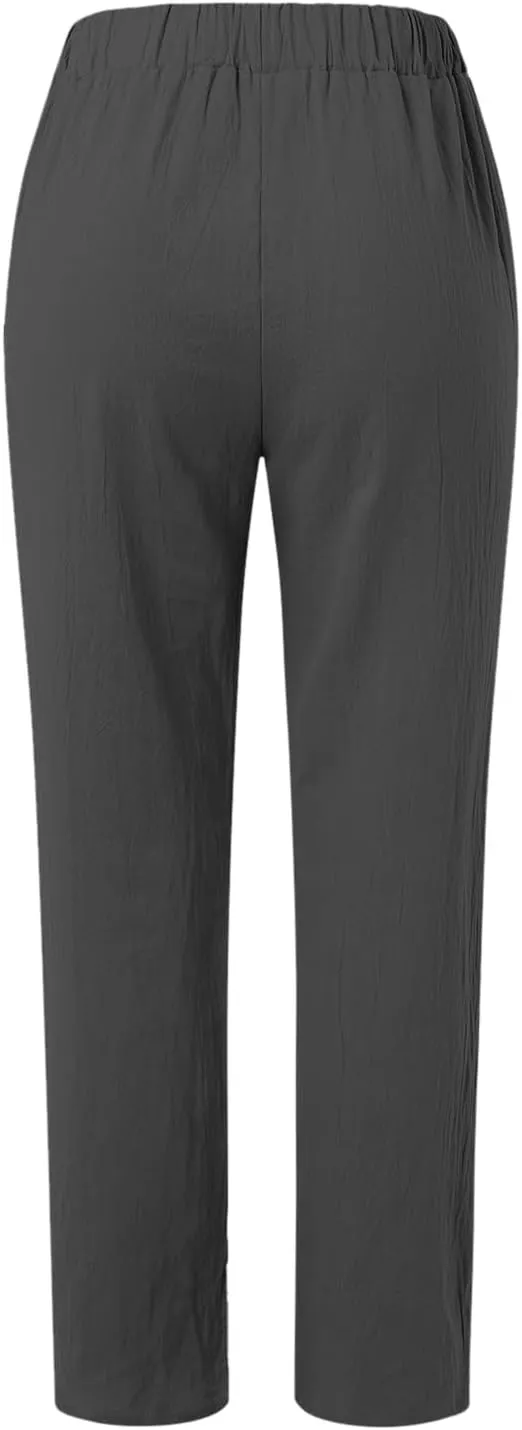 Women's Fashion Loose Linen Pants Elastic Waist Solid Color Cotton Pants Summer Casual Lounge Beach Trousers Pockets