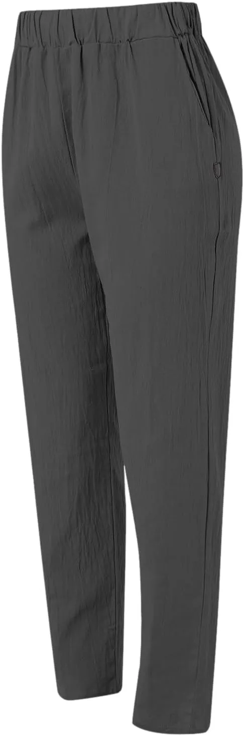 Women's Fashion Loose Linen Pants Elastic Waist Solid Color Cotton Pants Summer Casual Lounge Beach Trousers Pockets
