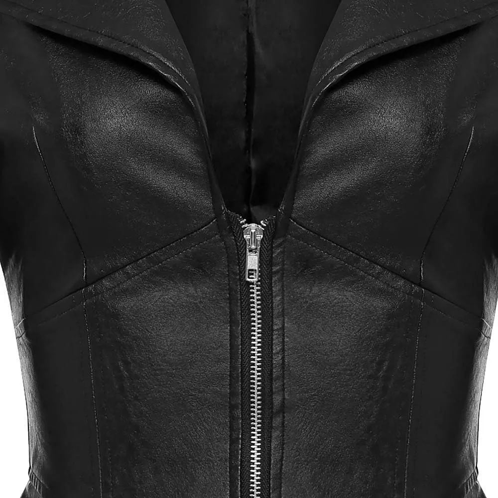 Women's Fashion Perfectly Shaping Zip Up Long Sleeves Faux Leather Biker Jacket