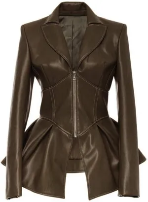 Women's Fashion Perfectly Shaping Zip Up Long Sleeves Faux Leather Biker Jacket